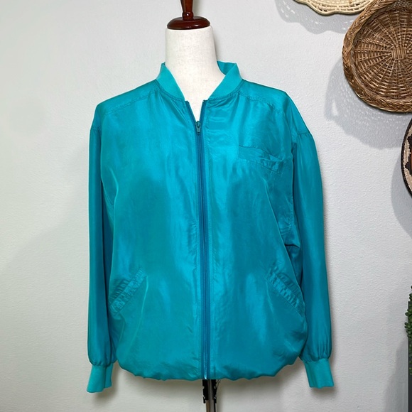 VTG 80-90 Elizabeth Terrell SILK STREETWEAR BOMBER JACKET Teal Turquoise Medium - Picture 1 of 16